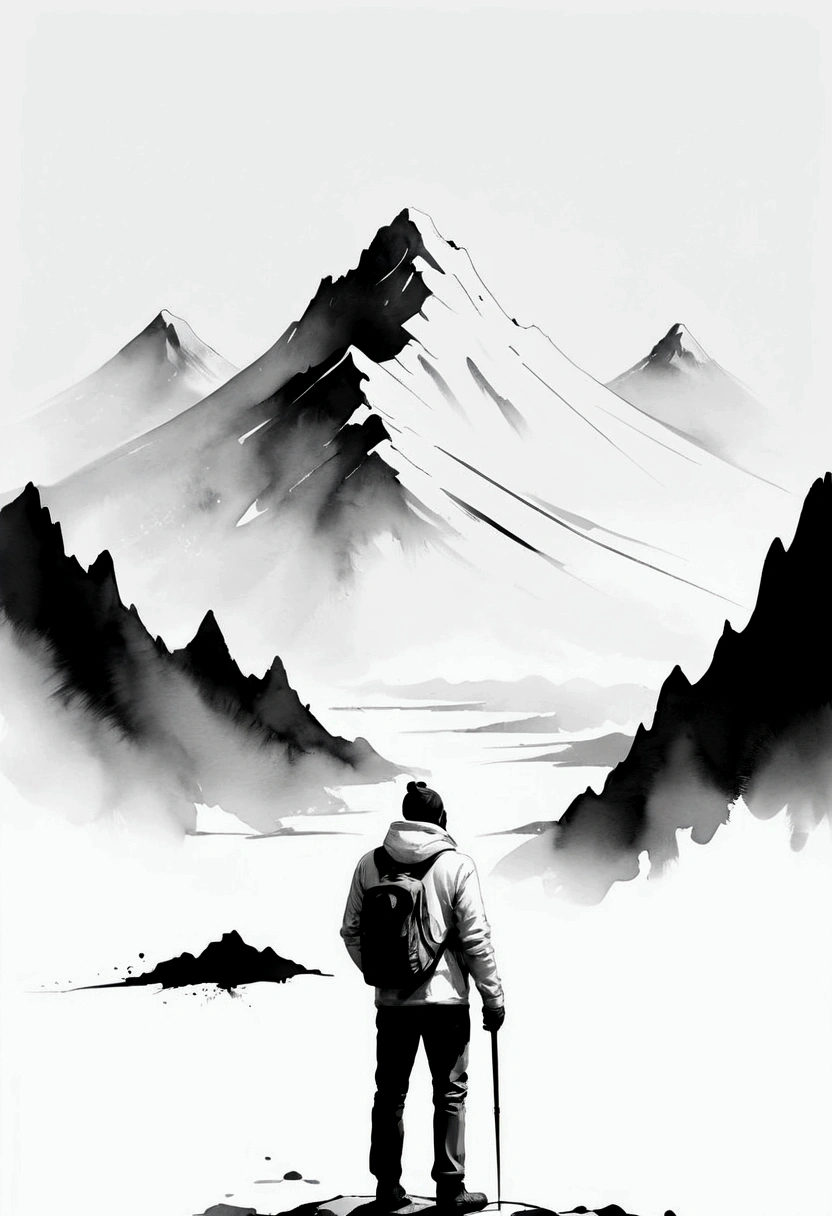 (Lots of white space:1.5)，(Lots of white space:1.6), Huge negative space,White background, simple, Minimalism, Abstract,Hand Painted，Aesthetic，black and white，Ink Painting，Mountain，solitary Man