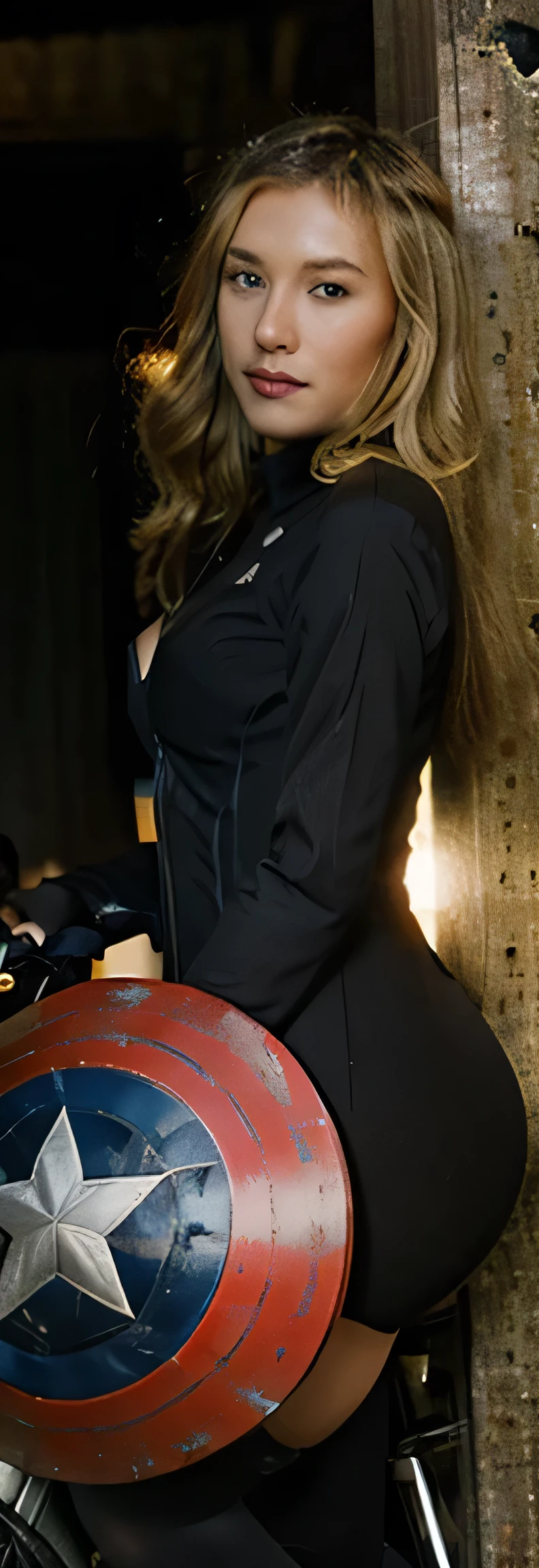 Captain avengers, 25 yo, blonde hair, riding old bike, ricefarm, black hero suit, sharp smile, riding pose