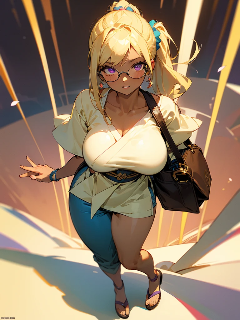 (masterpiece:1.3, highest quality), beautiful illustrations, perfect lighting, colorful, Depth of the bounds written, looking at the viewer, full body, Front view:0.6,
1 girl, alone, Japanese,
Improve, (seductive thighs, skin dents), (long hair:1.5, side ponytail), asymmetrical bangs, purple eyes, parted lips, (very tanned and shiny skin), beautiful hair, beautiful face, highly detailed face, detailed and beautiful eyes, beautiful clavicle, beautiful body, beautiful breasts, beautiful thighs, beautiful feet, beautiful fingers,
(spring date clothes:1.4),Drop Shoulder T-Shirt, pants, Glasses, Earrings,shoulder bag,
hair scrunchie, (enchanting smile), evening,gal,(brown skin:1.5),(blonde:1.5),(huge breast),standing,appointment