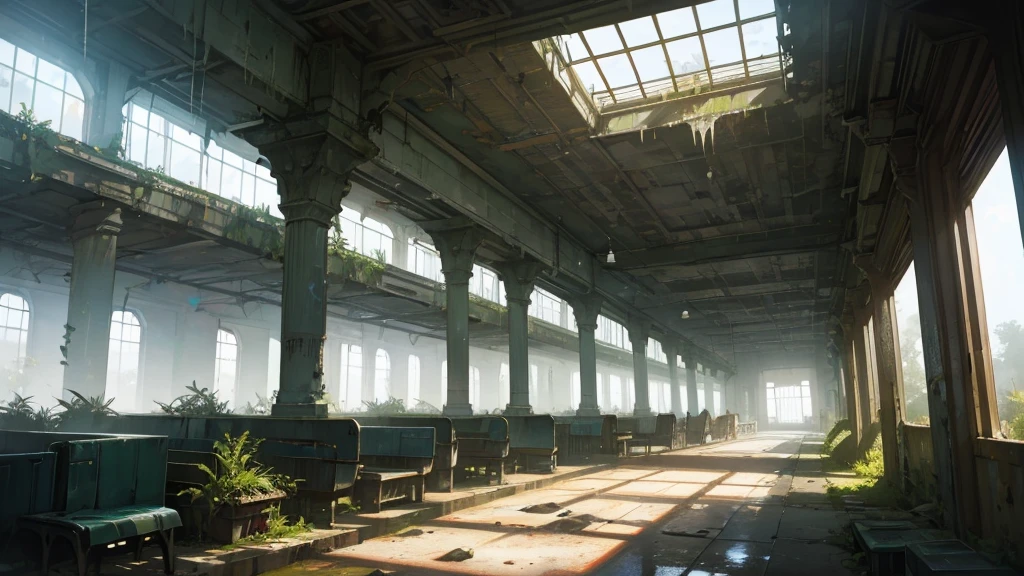 realistic detailed futuristic abandoned train station interior, high ceiling glass walls, overgrown plants, decaying benches, long check-in counters, rays of light, cinematic lighting, moody atmosphere, dramatic perspective, volumetric fog, intricate architecture, weathered materials, sense of decay, photorealistic