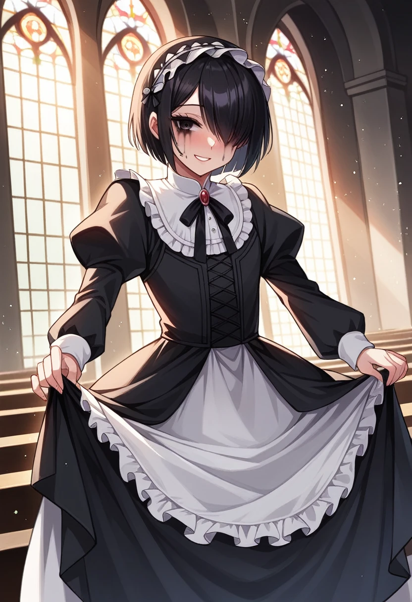 ((Masterpiece)), ((best quality)), (super detailed), 8K, from above, wide shot, Textured skin, cinematic lighting, 1 boy, ((Beautiful Lolita princess Dresses)), exposed, (very hoop-dress), Luxury roses embroidery, cute innocent young boy, ((hair over one eye)), Slender and , (short silky blond hair), (gothic lolita makeup), beautiful hair, smile, (blush), Light particles, ((Lift the skirt with hand)), (in Bright and beautiful Tranquility white Church)