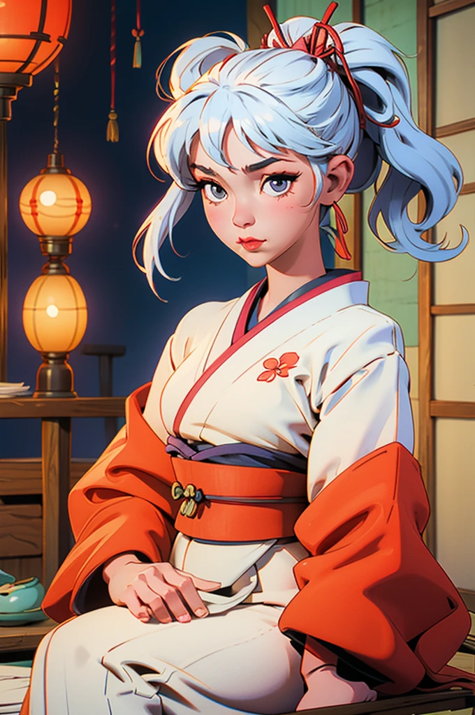 Geisha with white, tied hair sitting inside a traditional Japanese house
