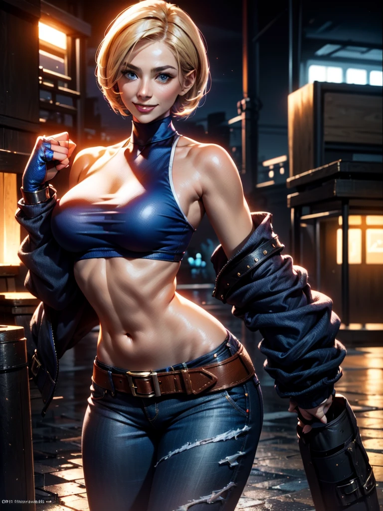 30 year old woman, alone, athletic, jacket, semi-short blonde hair, wears red crop top, wears blue dogger pants, smiling at viewer, pointing at viewer, high resolution, absurd, intricate, sharp focus , sunset on the beach, 40 megapixels, 500 dpi, best quality, masterpiece, high resolution, perfect image, highly detailed, high contrast, digital colors, simple, medium shot, cinematic, ultra sharp focus, award-winning photography, contrast perfect, high sharpness, depth of field, ultra detailed photography, global illumination, fluid, ultra high definition, 8k, Unreal Engine 5, ultra sharp focus, award winning photography, art season trends,