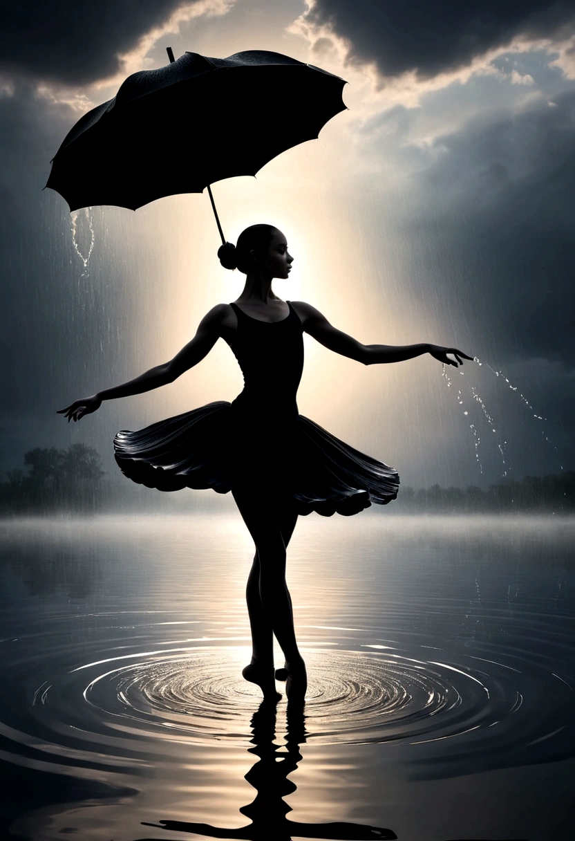 rainstorm,Rain splash,Huge waterspout,Girl shows black silhouette,Contrast with bright background,ballet silhouette,High contrast,Silhouette ballerina on the lake,lotus, lily pad,Shooting against the light,