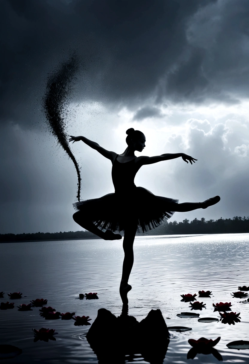rainstorm，Rain splash，Huge waterspout，Girl shows black silhouette,Contrast with bright background,ballet silhouette,High contrast,Silhouette ballerina on the lake,lotus, lily pad，Shooting against the light，
