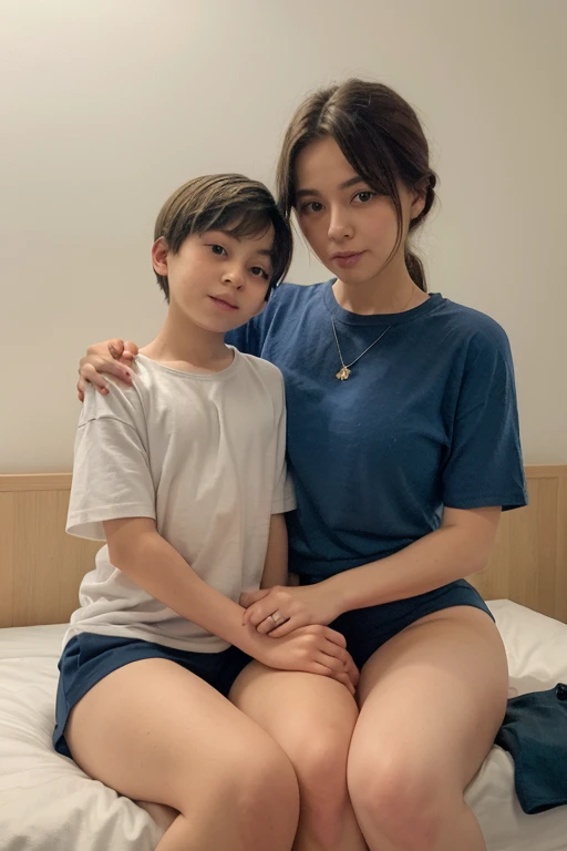 young boy sitting on his mother's lap in a cozy bedroom, appropriate blue underwear clothes. mother and son, 1boy, jackpot please, big thighs, horizontal colors shirt. black on bottom white on top
