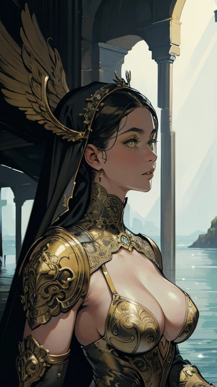 ((raw photo)), ((masterpiece)), anthropomorphic humanoid AngelGirl wearing nun's armor, intricate detail, futobot, intricate Greebles pieces, sea behind, yellow wings, beautiful, detailed eyes and lips