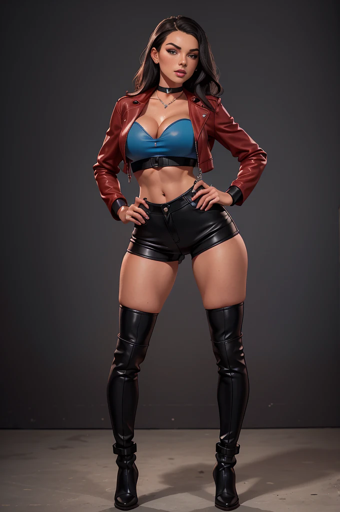 A athletic 20-year-old English girl abigail mac with large breasts and slim waist, black wavy hair, short red leather jacket, black leather crop top, high waisted leather black shorts, thigh leather boots, choker necklace, piercing blue eyes, detailed facial features, beautiful lips and eyelashes, standing model pose, full body shot, erotic background, cleavage