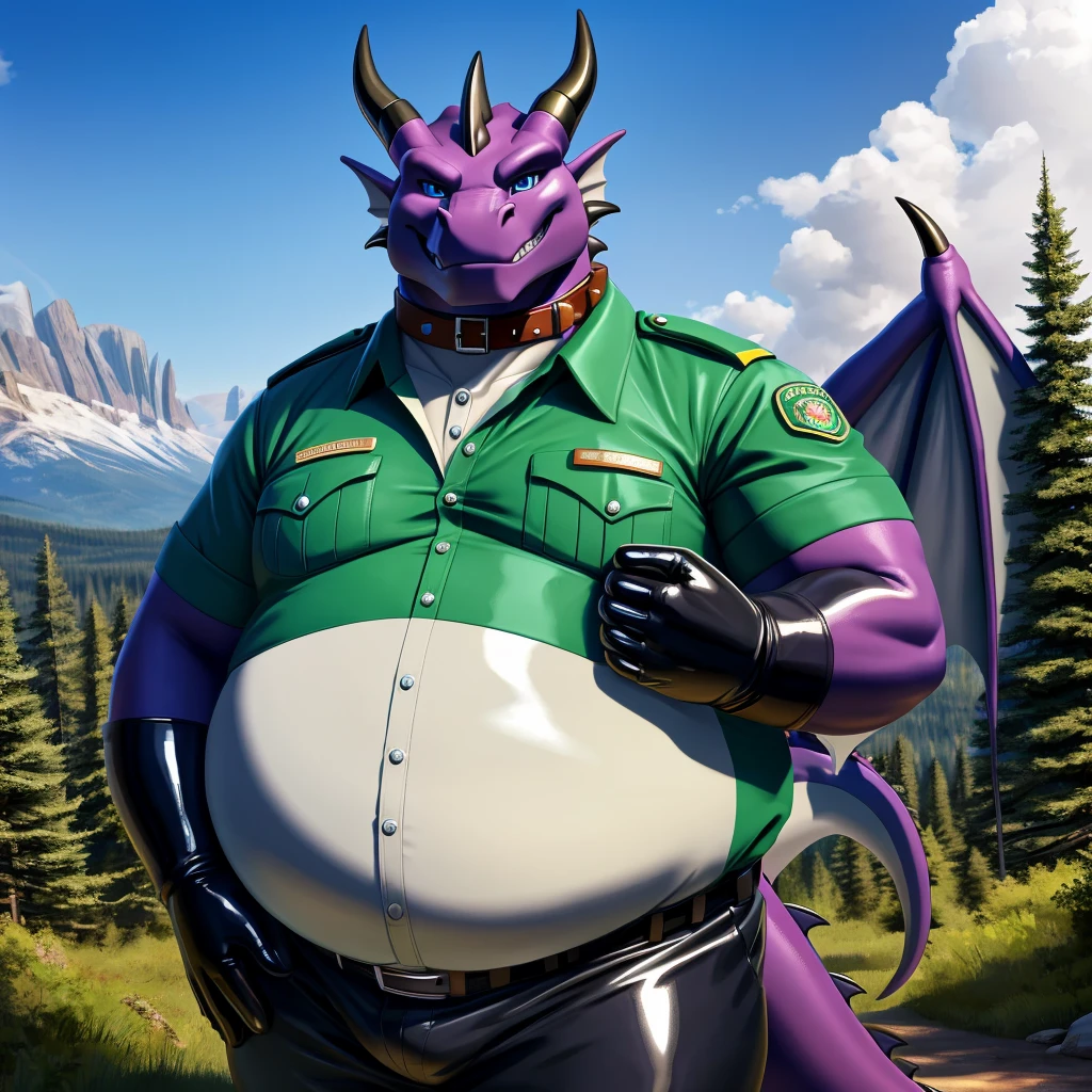 solo, full body, Male, fat, extremely obese, Dragon, park ranger, trousers, outdoor, park ranger uniform, collared shirt with buttons, blue eyes, (soft shading), 4k, hi res, ((detailed face, detailed)), looking at viewer, evil grin, Dragon is wearing the collared shirt and leather collar at the same time, Dragon is wearing a glossy leather dog collar around the neck, Dragon is wearing white rubber gloves on the hands, white rubber gloves on the feet, gloves are rubber in texture, leather collar is shiny, leather collar is extremely detailed, rubber gloves are glossy, Evergreen pine forest and mountains national park in the background, Environmental protection area.