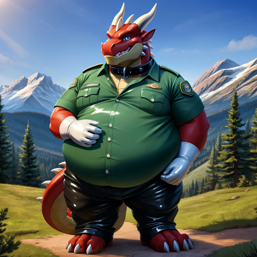solo, full body, Male, fat, extremely obese, Dragon, park ranger, trousers, outdoor, park ranger uniform, collared shirt with buttons, blue eyes, (soft shading), 4k, hi res, ((detailed face, detailed)), looking at viewer, evil grin, Dragon is wearing the collared shirt and leather collar at the same time, Dragon is wearing a glossy leather dog collar around the neck, Dragon is wearing white rubber gloves on the hands, white rubber gloves on the feet, gloves are rubber in texture, leather collar is shiny, leather collar is extremely detailed, rubber gloves are glossy, Evergreen pine forest and mountains national park in the background, Environmental protection area.