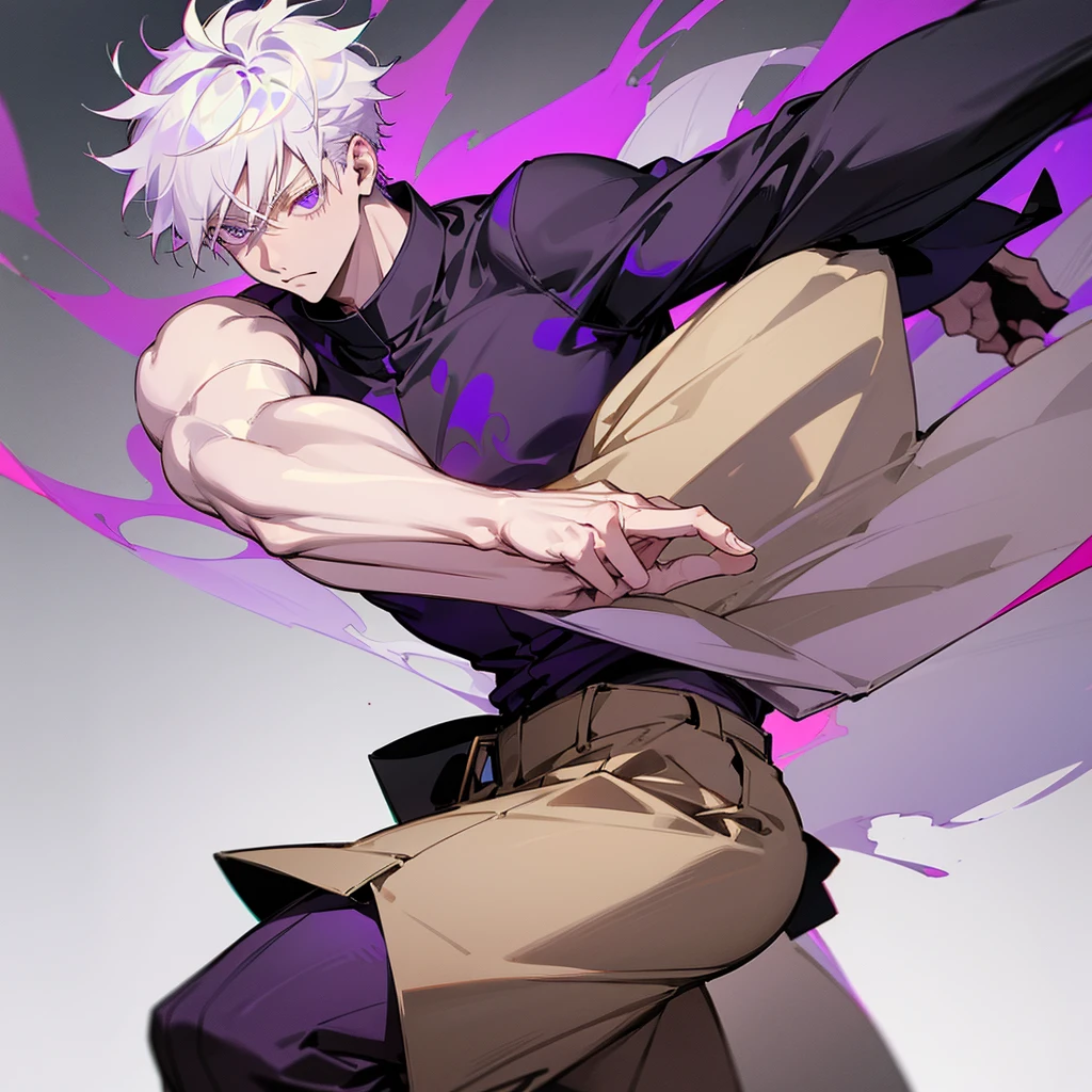 A jujutsu kaisen style boy with white hair with purple highlights, purples eyes, wearing a basic white blouse, and beige cargo pants under the blouse, and a white sneaker