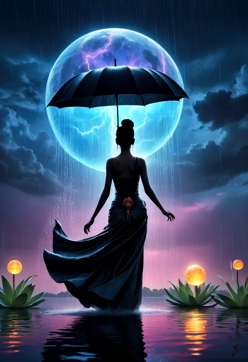 (rainstorm:1.5)，Rain splash，Huge waterspout，In the middle of the lake, Mysterious female black silhouette in the middle of the night, Surrounded by glowing spheres, Summoners dance to appease the spirits of the dead. Ceremonial canvas clothing. Sensual. Multiple magic arrays. Dynamic dance. Water Lily. Colorful palette.