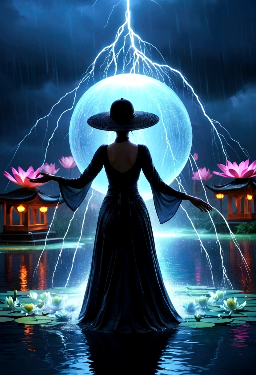 (rainstorm:1.5),Rain splash,Huge waterspout,In the middle of the lake, Mysterious female black silhouette in the middle of the night, Surrounded by glowing spheres, Summoners dance to appease the spirits of the dead. Ceremonial canvas clothing. Sensual. Multiple magic arrays. Dynamic dance. Water Lily. Colorful palette.