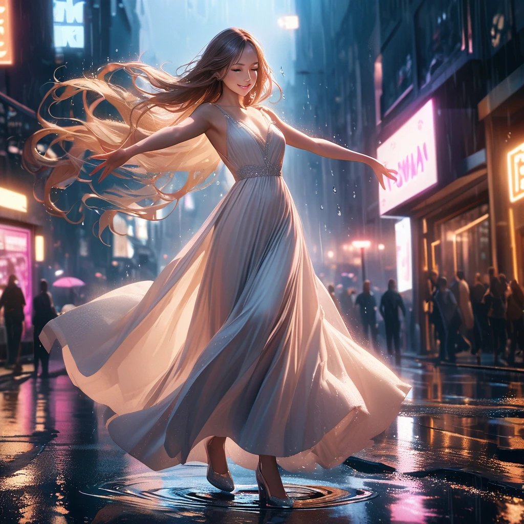 hyperrealistic, detailed, cinematic, 8k resolution illustration of a young, beautiful woman with flowing hair dancing in a rainy city street. She is wearing an elegant dress, smiling with her eyes closed, and her arms are outstretched,  She is carefree, and the neon lights reflect in puddles on the wet pavement, blurred, dramatic, with warm light from street lamps illuminating the raindrops,