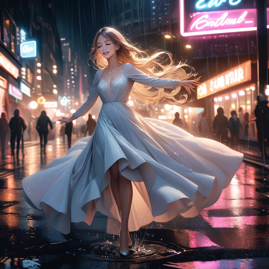 hyperrealistic, detailed, cinematic, 8k resolution illustration of a young, beautiful woman with flowing hair dancing in a rainy city street. She is wearing an elegant dress, smiling with her eyes closed, and her arms are outstretched, She is carefree, and the neon lights reflect in puddles on the wet pavement, blurred, dramatic, with warm light from street lamps illuminating the raindrops,
