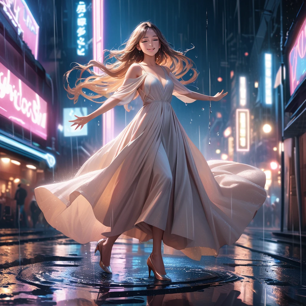 Vibrant, dynamic, carefree, joyful, mesmerizing, woman, dancing, rain, umbrella, city, night, streetlights, reflections, puddles, raindrops, mist, fog, soft, warm, golden, lighting, atmospheric, moody, cinematic, stunning, beautiful, captivating, enchanting, alluring, seductive, mysterious, dreamy, ethereal, whimsical, romantic, nostalgic, melancholic, introspective, emotive, expressive, artistic, creative, imaginative, vivid, colorful, detailed, realistic, high-quality, intricate, ornate, luxurious, refined, polished, sophisticated, 