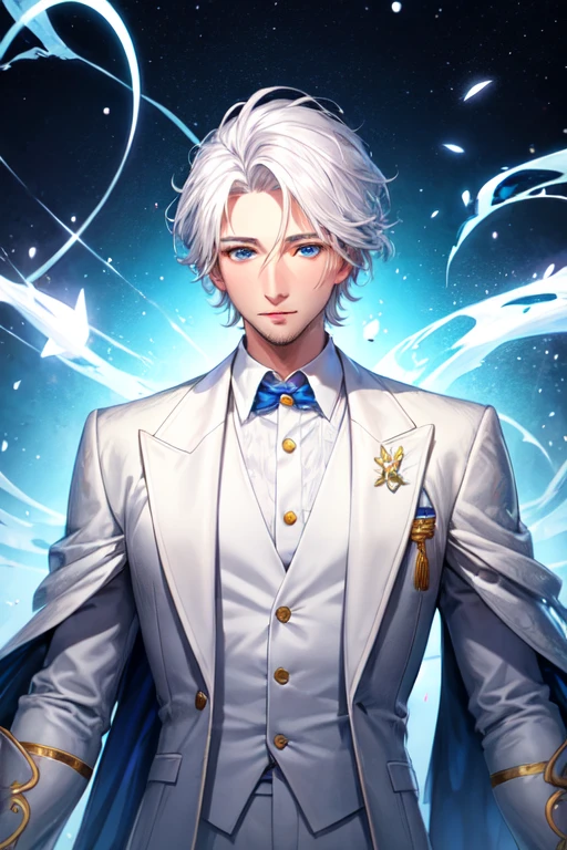 31 year old man with white hair and bright blue eyes wearing white formal clothes with magical powers