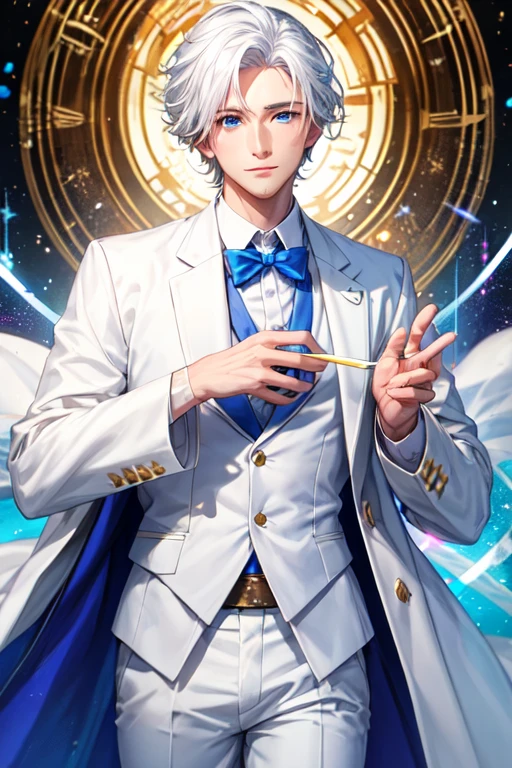 31 year old man with white hair and bright blue eyes wearing white formal clothes with magical powers