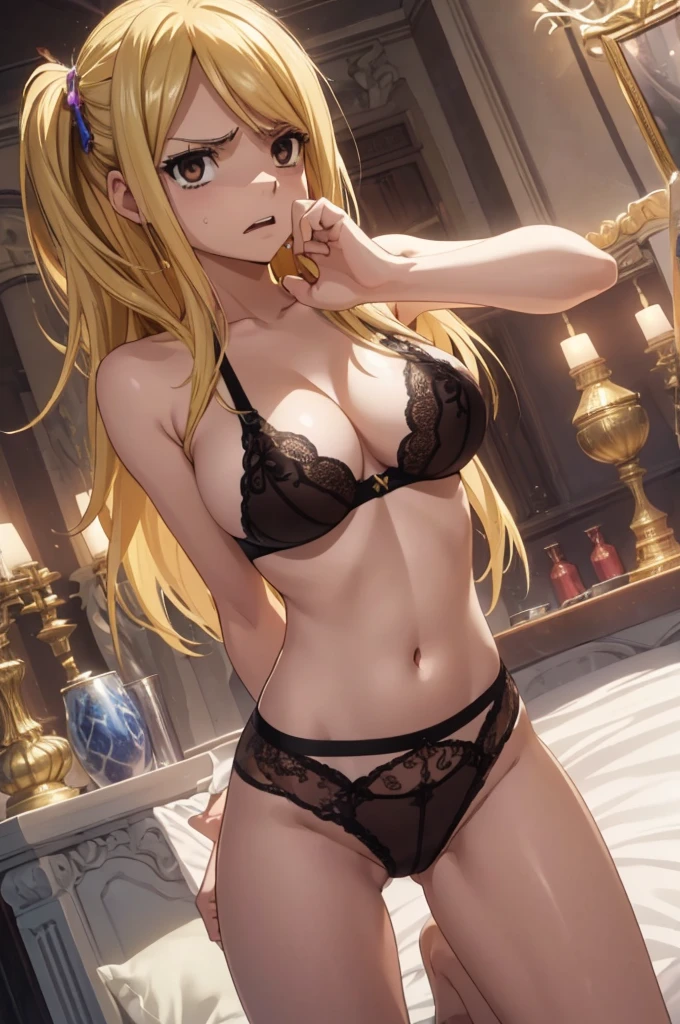 sensual, ((long blonde curly hair)), thick thighs, 8K, 4K, highest quality, High resolution:1.2), cute anime face, noise reduction, ((shining blue eyes, gentle smile, kind eyes))、toned abdominal muscles, muscular arms, muscular legs,  young face, anime eyes, (((big breasts、Breasts that are about to burst)))、(((whole body)))、Wearing sexy lingerie、lie down on the bed