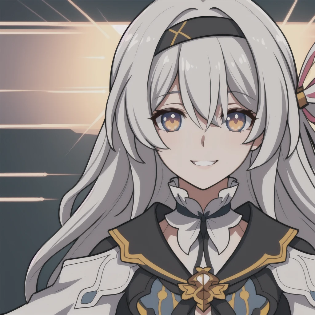 anime girl, happy expression, light grey hair, firefly, star rail, honkai star rail, dark brown clothes, 1girl, masterpiece, (beautiful and aesthetic:1. 5), smile, thick black lineart, clean lineart, perfect lineart, variable lineart, thick lineart, clean anime outlines, intense line art, bold lineart, sharp lineart, heavy lineart, line art, best quality, high quality, high details, super detail, best quality, ultra-detailed, colourful, saturated colours, dynamic lighting, HD,