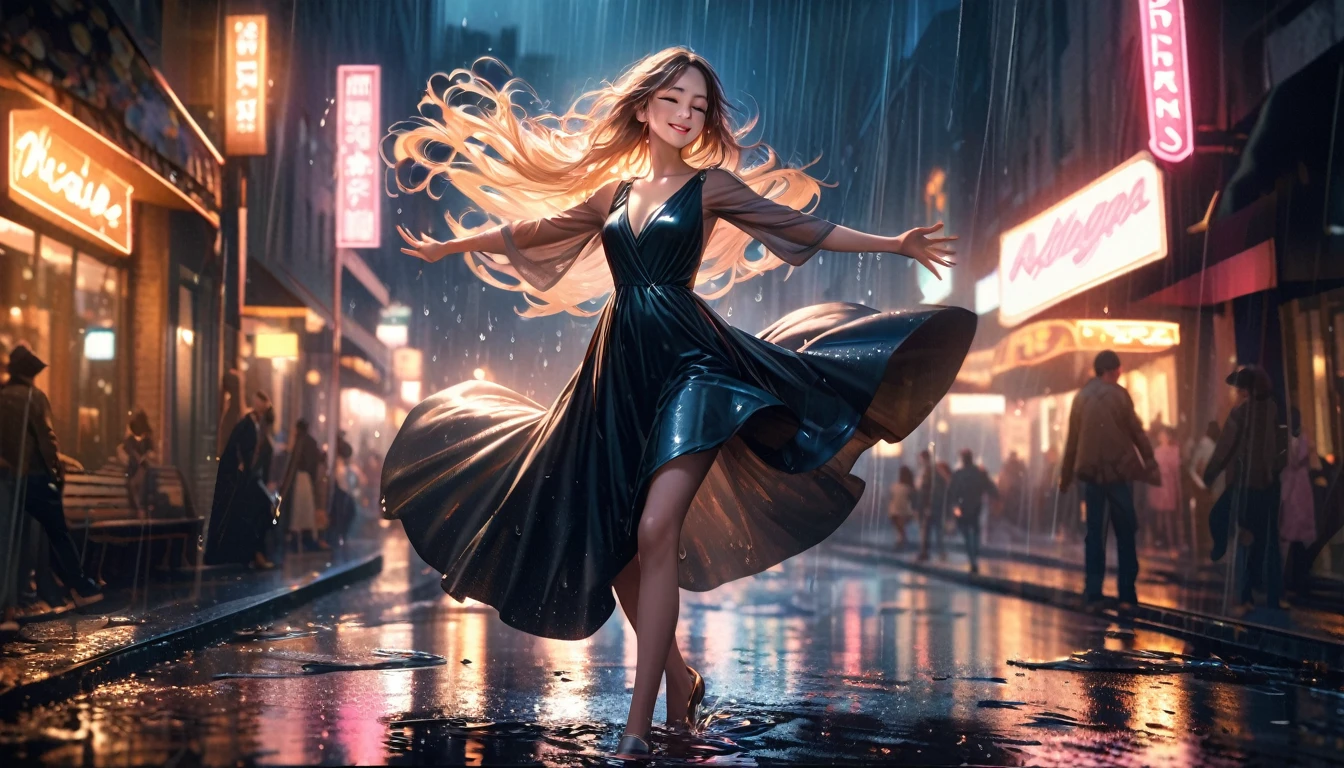 Vibrant, dynamic, carefree, joyful, mesmerizing, woman, dancing, rain, umbrella, city, night, streetlights, reflections, puddles, raindrops, mist, fog, soft, warm, golden, lighting, atmospheric, moody, cinematic, stunning, beautiful, captivating, enchanting, alluring, seductive, mysterious, dreamy, ethereal, whimsical, romantic, nostalgic, melancholic, introspective, emotive, expressive, artistic, creative, imaginative, vivid, colorful, detailed, realistic, high-quality, intricate, ornate, luxurious, refined, polished, sophisticated, 