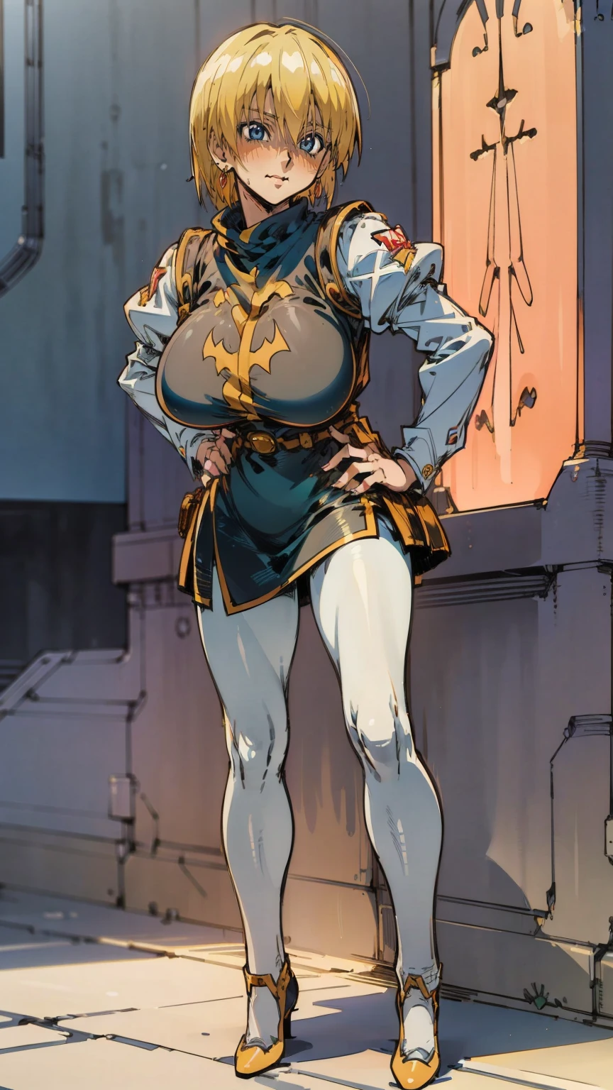 Turn your face and look straight ahead, Beautiful busty woman standing facing the front, (standing proud:1.4), (cowboy shot:1.2), (High Resolution), (Very Detailed), (Best Photo), (Best Quality), (Ultra Detailed), (masterpiece:1.5), very precise details,(Ultra High Resolution:1.4), the Extremely Detailed CG Unity 8K Wallpapers, highest quality, hight resolution, (Realistic, Photorealsitic, hyper realisitic:1.5), (Curve, Model, Farbe care:1.5), Farbe_aberration, the light shines on your face, profetional lighting, anime styled, beautiful hair, detailed hair,(Detailed Face), (Beautiful Detailed Eyes), Beautiful breasts, beautiful detailed shadow, Beautiful body, Beautiful skin, beautifull hands, precise details hands, beautiful fingers, very precise detailed fingers, (Ultra-detailed face, Detailed eyes:1.4), (Aesthetic Anime Eyes:1.4), (Light from the front :1.4), (shiny oiled skin: 1.4), (1girl in:1.4),(Solo:1.4), (Mature face and body), (city center:1.3), (york:1.2), highrise buildings, daylight, on the street, cars, (Beautiful cute face), (beautiful female lips), Charming, ((aroused expression)), looks at the camera with a gentle smile, earrings glossy lips, (juicy female lips), perfect female body, Beautiful waist, beautiful long eyelashes , put hands on the hip, raise the corners of the mouth, tilt her head, 30year old, mature female, Kurapika, 1girl, ((scarlet eyes)), blonde hair, ((bob hair)), flowing hair, fluttering hair, long legs, very large breasts, long breasts, saggy breasts, hips wider than shoulders, wide hips, beautiful thighs, thick thighs, simple clothess, ((full bodyblue tabard)), ((gold trim)), white shirt, long sleeves, puffy sleeves, white pants, ((simple yellow waist belt)), (blue very long skirt), (pantyhose:1.3), brown pantyhose, black high heels, pumps, hide breasts, full body