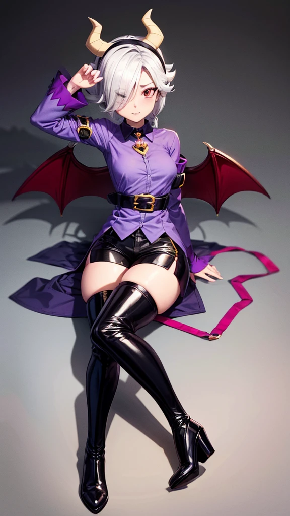 score_9, score_8_up, score_7_up, score_6_up, score_5_up, score_4_up, source_anime.
colettetrixie, sharp teeth, hair over one eye, hairband, demon horns, colored sclera, purple shirt, purple shorts, demon wings, thigh high boots, high heels, black boots, she was lying down, sexy pose