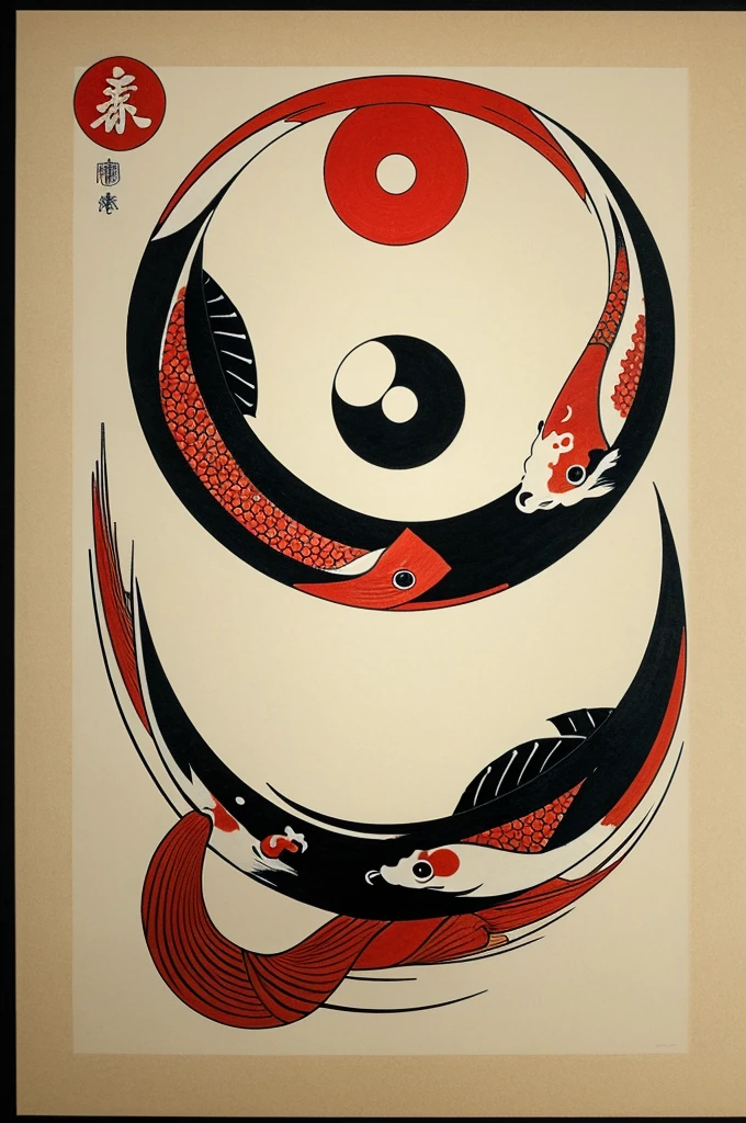 Japanese art inspired koi fish with red dot, yin yang, katakana