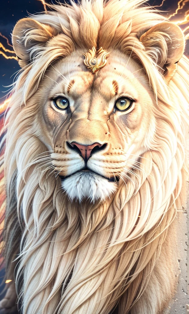 Lion, Divine Lion, naturals, thunder, Realistic Lion, rey, realistic detailed, Sunset light, sky, Sol noturno, realistic detailed 16K, Eletricidade Detalhada 8K, darkness background, Texturas realistas de 8K, Cores photorrealistic 8K, fire azul, realistic detailed Fire Bolt, sky Light Detailed, Power of thunder, Realistic Divine, gold color, Divine gold, golden light, naturey, linda, Rendering, photorrealistic, UltraHigh definition, 4K, detailed textures, thunder, detailed shadows, detailed colors, neon blue, blue light, lightning strikes, blue power, naturey linda, Great Divine, peaceful face, naturalss, lightning strike, Electric Power Screw, detailed contrast, realistic contrast, high resolution, detailed colors, fire, villany, divine creature, 8K FullHD, realistic detailed, 16K, 8K, High definition, detailed contrast, realistic contrast, high resolution, detailed colors, fire, villany, divine creature, 8K Realistic Lion Face, realistic detailed, chic, elegance