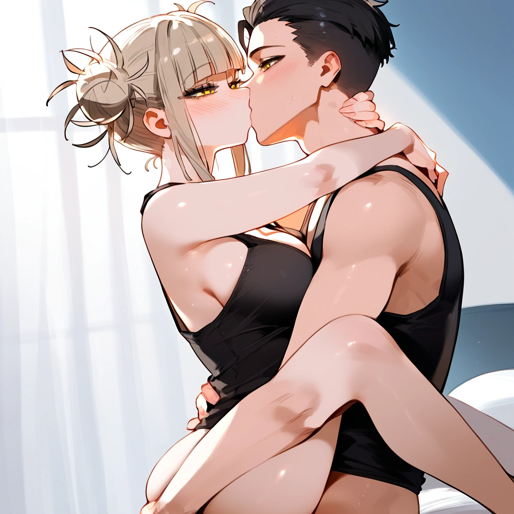 anime artwork, score_9, score_8_up, score_7_up, score_6_up, score_5_up, score_4_up, floox style //////Himiko toga, big breasts, she is 24 years old, style_3, ,giggling , , naked,, yellow eyes, , nude, grey background, ,, 1boy, , blush, , , light-skinned male, , tank top, ,upright straddle sex, vaginal, kissing, 
