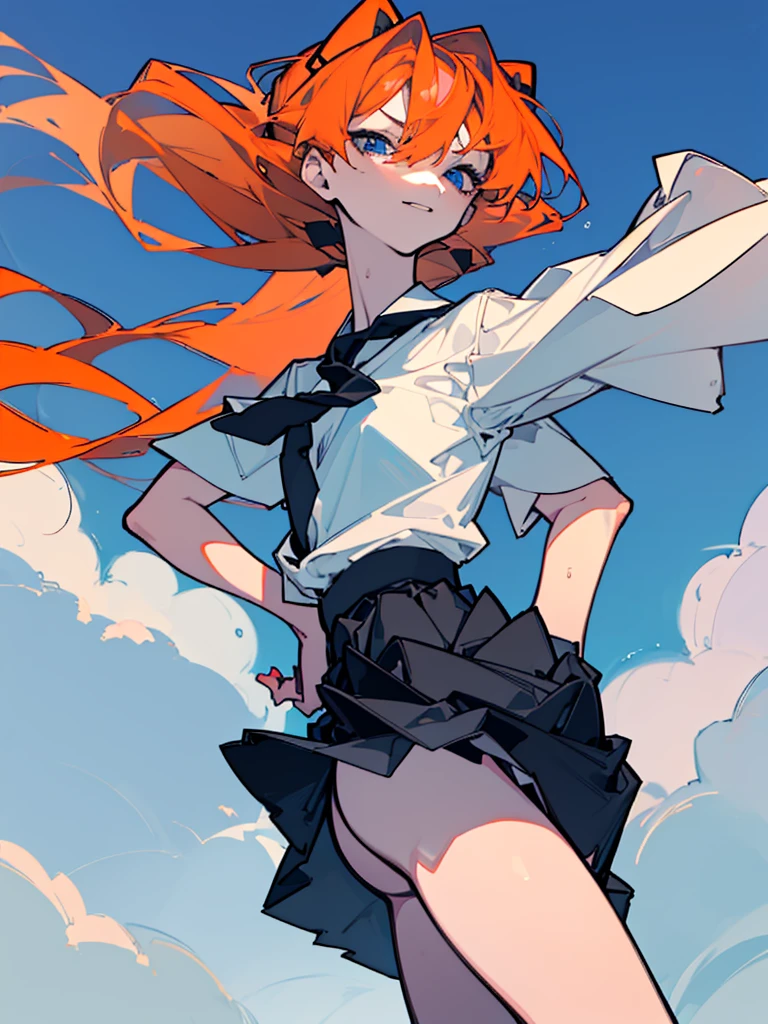 (top-quality、​masterpiece:1.2), 1girl in、Beautiful fece、Shikinami Asuka Langley, ((white wet shirt、Black tie、short pleatedskirt、student clothes)), ((blue open sky、white clouds)), One hand is on his hip, llong orange hair、blue eyess, ((Vicious look、Vulgar smile)), elegent、enticing、A sexy、Beautiful and well-groomed face、beautidful eyes、beautiful hairl、slick skin、Beautiful mouth、smooth legs、Balanced body、