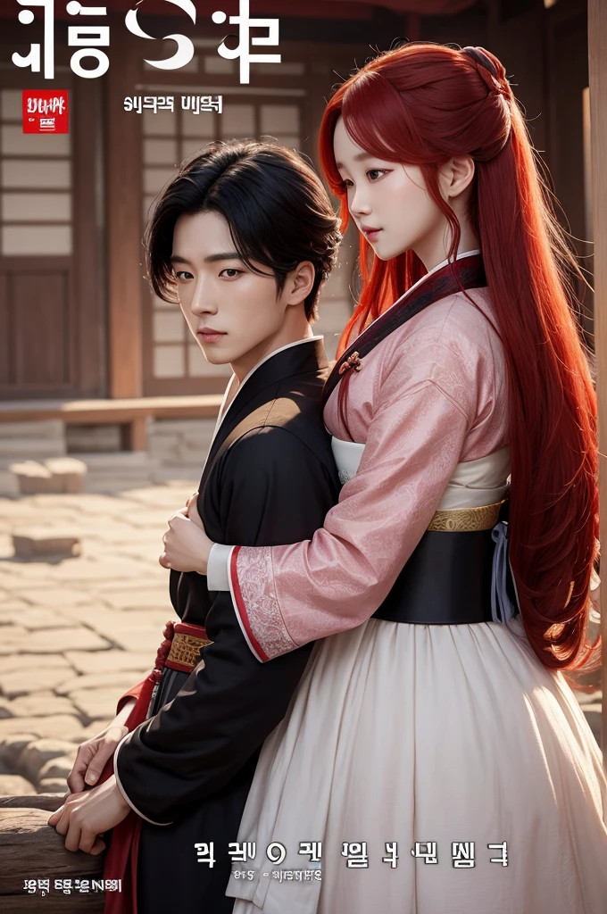 Cover of a story set in the Joseon era of romance, with both characters wearing Hanbok, the woman has red hair and the man black hair, the scenery is very dynamic with elements that remind us of the time, Korea