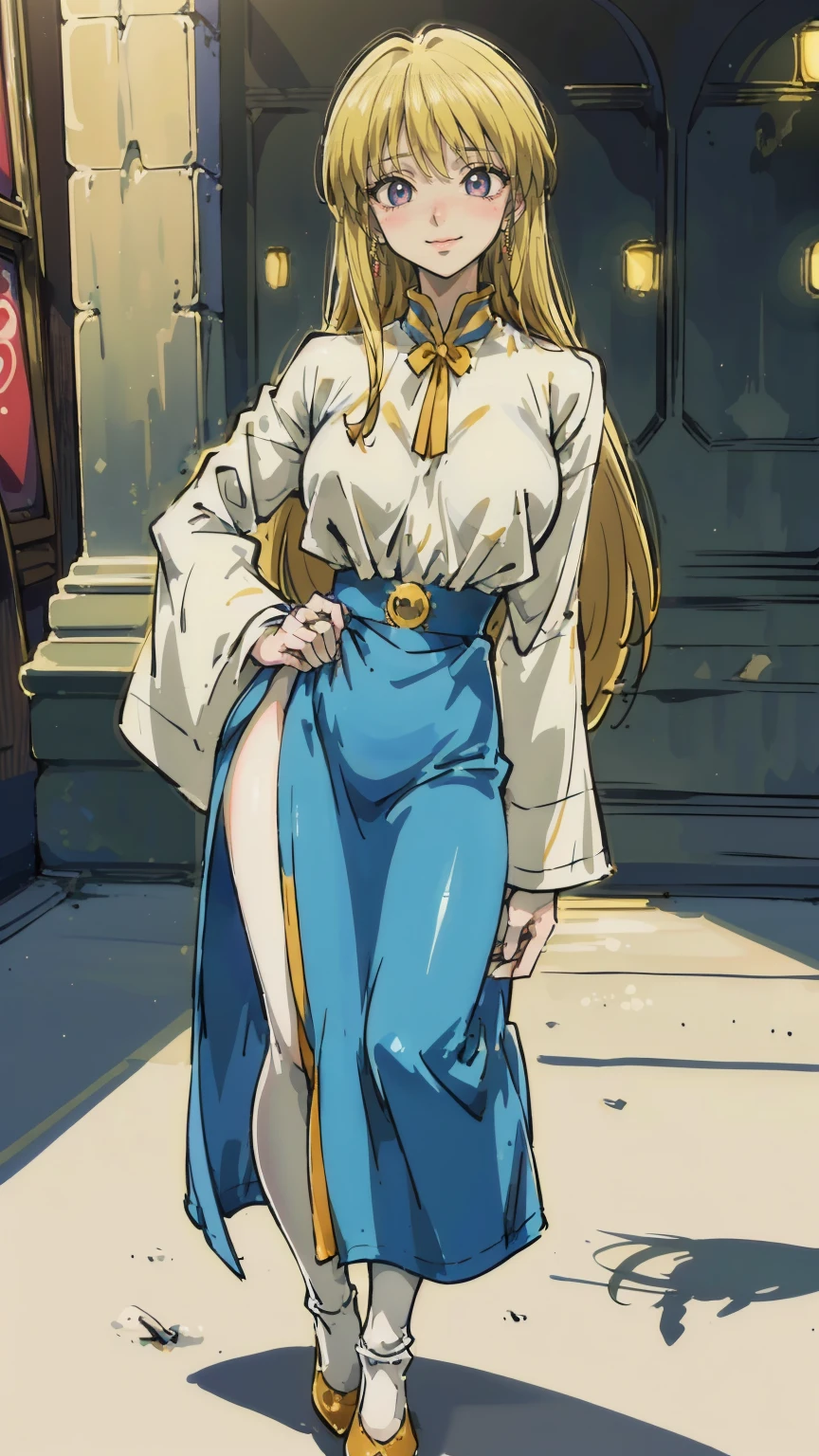 Turn your face and look straight ahead, Beautiful busty woman standing facing the front, (standing proud:1.4), (cowboy shot:1.2), (High Resolution), (Very Detailed), (Best Photo), (Best Quality), (Ultra Detailed), (​masterpiece:1.5), very precise details,(Ultra High Resolution:1.4), the Extremely Detailed CG Unity 8K Wallpapers, highest quality, hight resolution, (Realistic, Photorealsitic, hyper realisitic:1.5), (Curve, Model, Farbe care:1.5), Farbe_aberration, the light shines on your face,  profetional lighting, anime styled, beautiful hair, detailed hair,(Detailed Face), (Beautiful Detailed Eyes), Beautiful breasts, beautiful detailed shadow,  Beautiful body, Beautiful skin, beautifull hands, precise details hands, beautiful fingers, very precise detailed fingers, (Ultra-detailed face, Detailed eyes:1.4), (Aesthetic Anime Eyes:1.4), (Light from the front :1.4), (shiny oiled skin: 1.4), (1girl in:1.4),(Solo:1.4), (Mature face and body),  (city center:1.3), (york:1.2), highrise buildings, daylight, on the street, cars, (Beautiful cute face), (beautiful female lips), Charming, ((aroused expression)), looks at the camera with a gentle smile, earrings glossy lips, (juicy female lips), perfect female body, Beautiful waist, beautiful long eyelashes , put hands on the hip,  raise the corners of the mouth, tilt her head, 30year old, mature female, Kurapika, 1girl, ((scarlet eyes)), blonde hair, ((long hair)), flowing hair, fluttering hair,  long legs, very large breasts, long breasts, saggy breasts, hips wider than shoulders, wide hips, beautiful thighs, thick thighs, simple clothess, ((full bodyblue tabard)), ((gold trim)),  white shirt, long sleeves, puffy sleeves, white pants, ((simple yellow waist belt)),  (blue very long skirt), (pantyhose:1.3), brown pantyhose, black high heels, pumps, hide breasts, full body