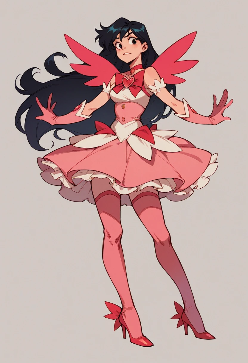 Black hair,Long hair,guy ,Standing posture,Pink girl skirt,European Clothing,Magical Girl Costume,High heel,