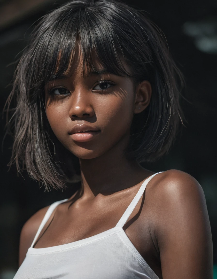 1girl, dark skinned, (photography, highly detailed:1.2), portrait, detailed face, upper body, shoulders, chest, teenager, cute, shy, ahegao