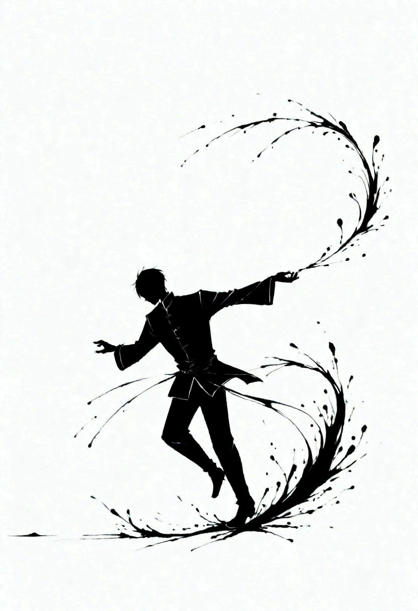 中国Ink Painting, Gray and White, Minimum,White background,The Trail, Minimalism, Huge negative space, Ink Painting, Abstract,A person dancing in the rain