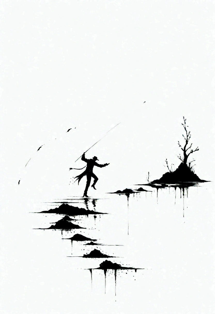 中国Ink Painting, Gray and White, Minimum,White background,The Trail, Minimalism, Huge negative space, Ink Painting, Abstract，A person dancing in the rain