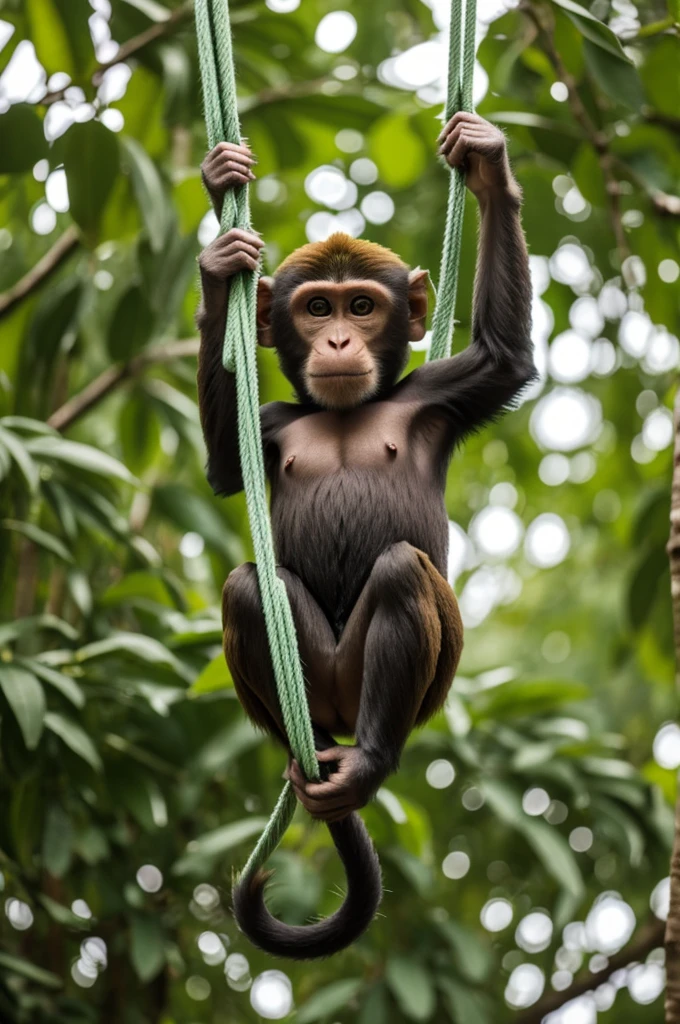 Monkey hanging on green thick thaches