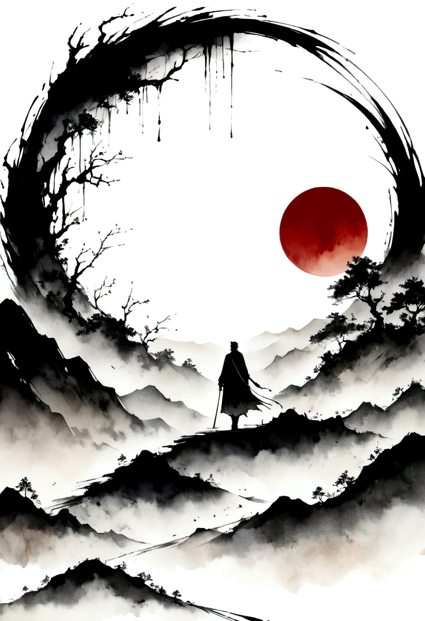 中国Ink Painting, Gray and White, Minimum,White background,The Trail, Minimalism, Huge negative space, Ink Painting, Abstract,Blood-stained sunset,solitary Man