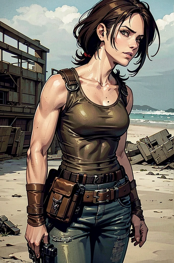 a military woman, well trained body, white sleeveless t-shirt, Exposed collarbone, beige leather shelter, blue pants, two leather belts with gun pockets, dark brown hair, carving, Brown eyes, hazel left eye, left eye with a scar, beach shore, at daytime, driving a boat, In a post-apocalyptic environment, post - apocalyptic cowgirl, Post - Apocalyptic style, Post apocalyptic clothing, pose, post-apocalyptic, Postapocalyptic style, post apocalyptic grunge, Post - Apocalyptic Scavenger. (Ultra quality) 8k quality, detailed, perfect light, perfect angle, perfect sharpness.