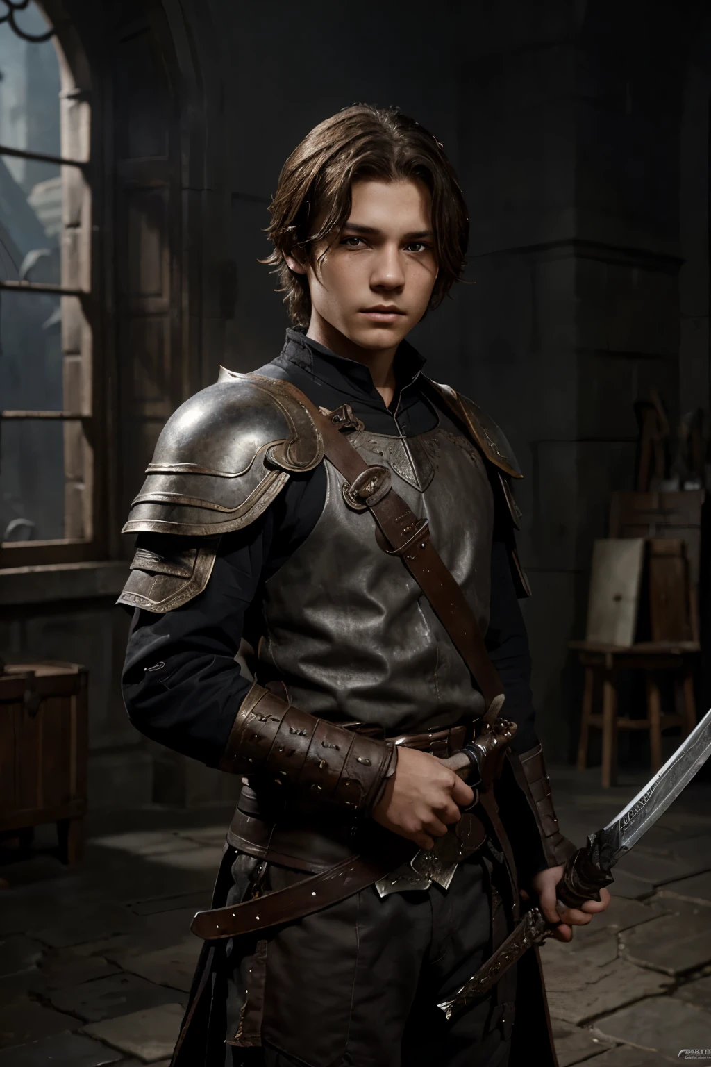 boy with brown hair, slightly ashy hair, , grey eyes, tired look, dark fantasy character design, , epic exquisite character art, dark fantasy art, Full view, Amazing character art. holding sword in hand.