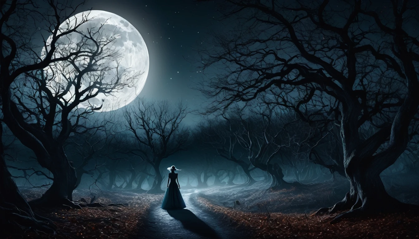 A hauntingly beautiful night scene featuring a dense, eerie forest with twisted, leafless trees. The forest path is dimly lit by the ethereal glow of a full moon high in the dark, starless sky. At the center of the scene, a solitary figure in a flowing dress stands facing the path, casting a long shadow. The atmosphere is mysterious and surreal, with a sense of both enchantment and foreboding."