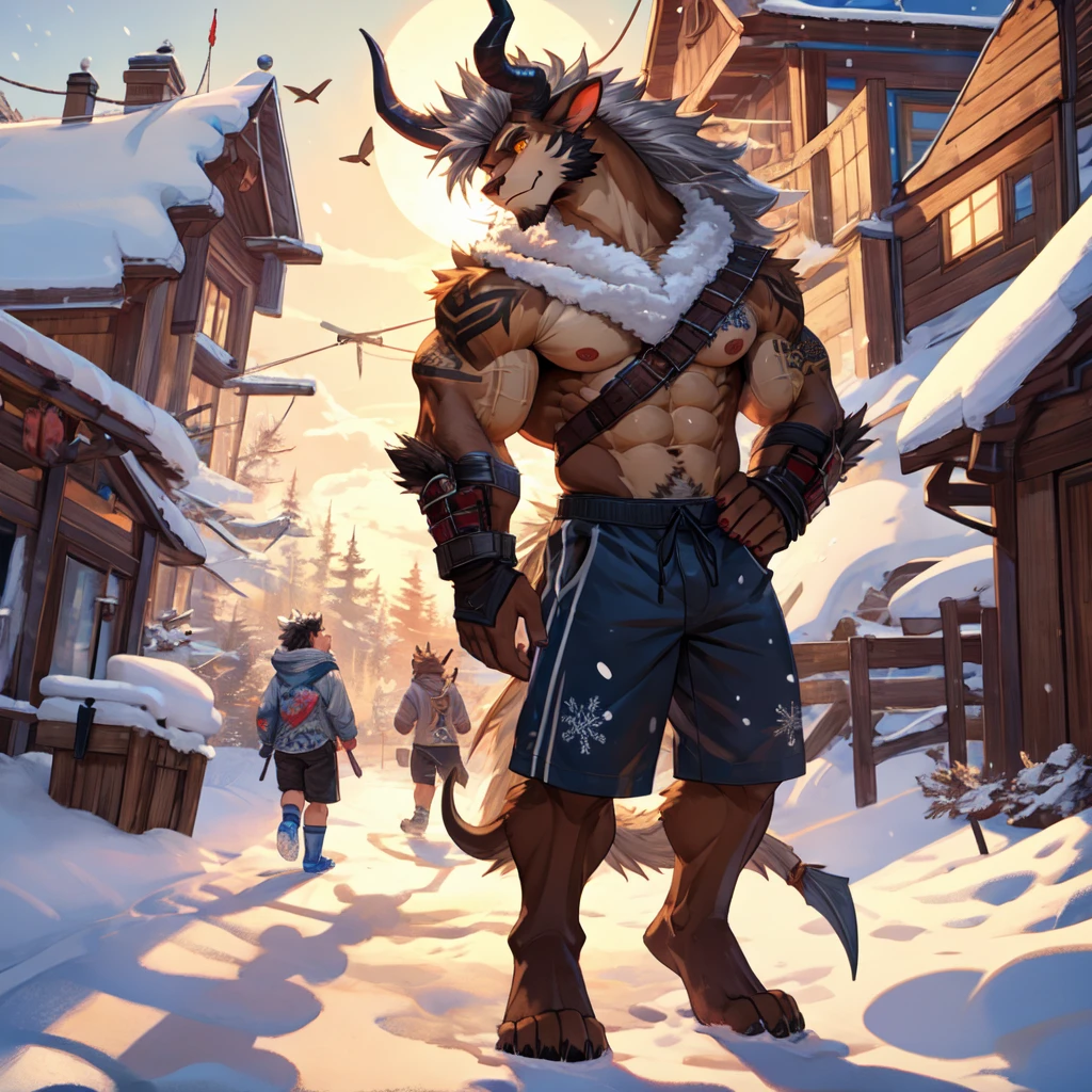 (masterpiece, Best quality:1.2),Final fantasy Behemoth  Boy, winter, body covered in light brown fur, Furry style, Muscle flex, sexual, horny, slender build wild ,full height,very short silver hair,freckles on the body and face,glowing amber eyes,defined muscles,sharp focus, friendly, in ragged shorts, tatoo over biceps