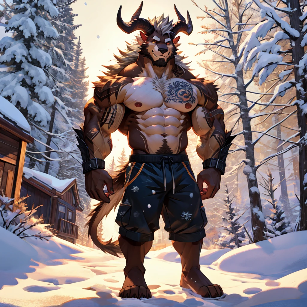 (masterpiece, Best quality:1.2),Final fantasy Behemoth Teen Boy, winter, body covered in light brown fur, Furry style, Muscle flex, sexual, horny, slender build wild ,full height,very short silver hair,freckles on the body and face,glowing amber eyes,defined muscles,sharp focus, friendly, in ragged shorts, tatoo over biceps
