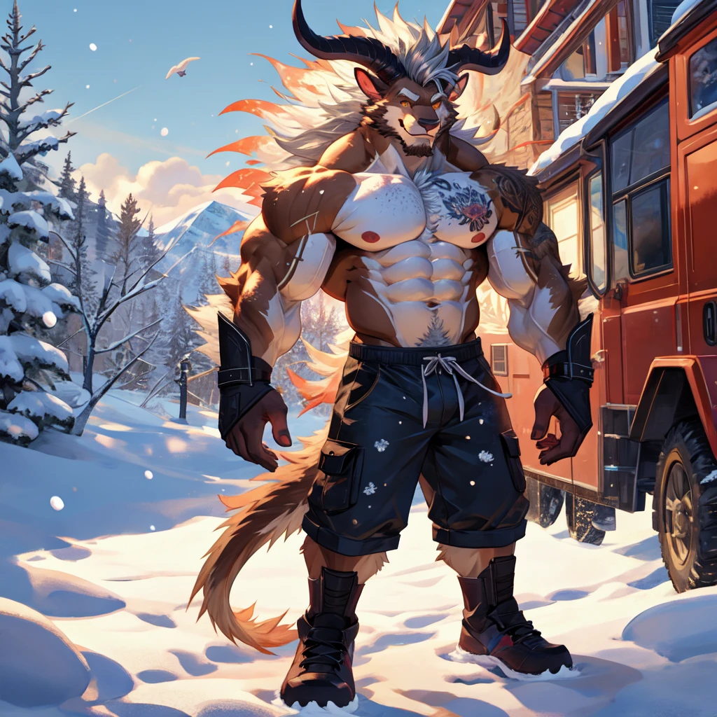 (masterpiece, Best quality:1.2),Final fantasy Behemoth Boy, winter, body covered in light brown fur, Furry style, Muscle flex, sexual, horny, slender build wild ,full height,very short silver hair,freckles on the body and face,glowing amber eyes,defined muscles,sharp focus, friendly, in ragged shorts, tatoo over biceps