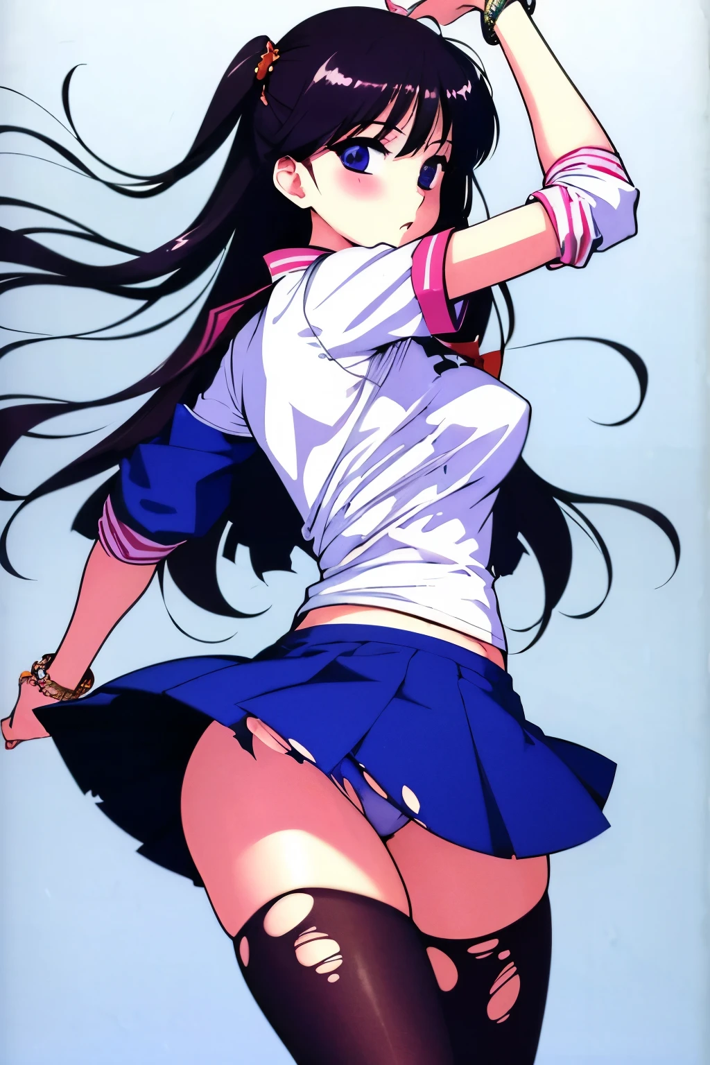 best quality,masterpiece,1girl, solo, (torn clothes:1.3), ,bracelet, jewelry, nail_polish, pink_nails, blue_skirt, blue_sleeves, miniskirt, pantyhose, black_pantyhose, raglan_sleeves, shirt, white_shirt with red printed,snow land,floating_clothes
