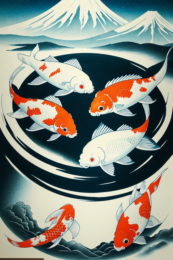 Japanese inspired art, koi fish in a circle like yin yang, Mt Fuji as the background 