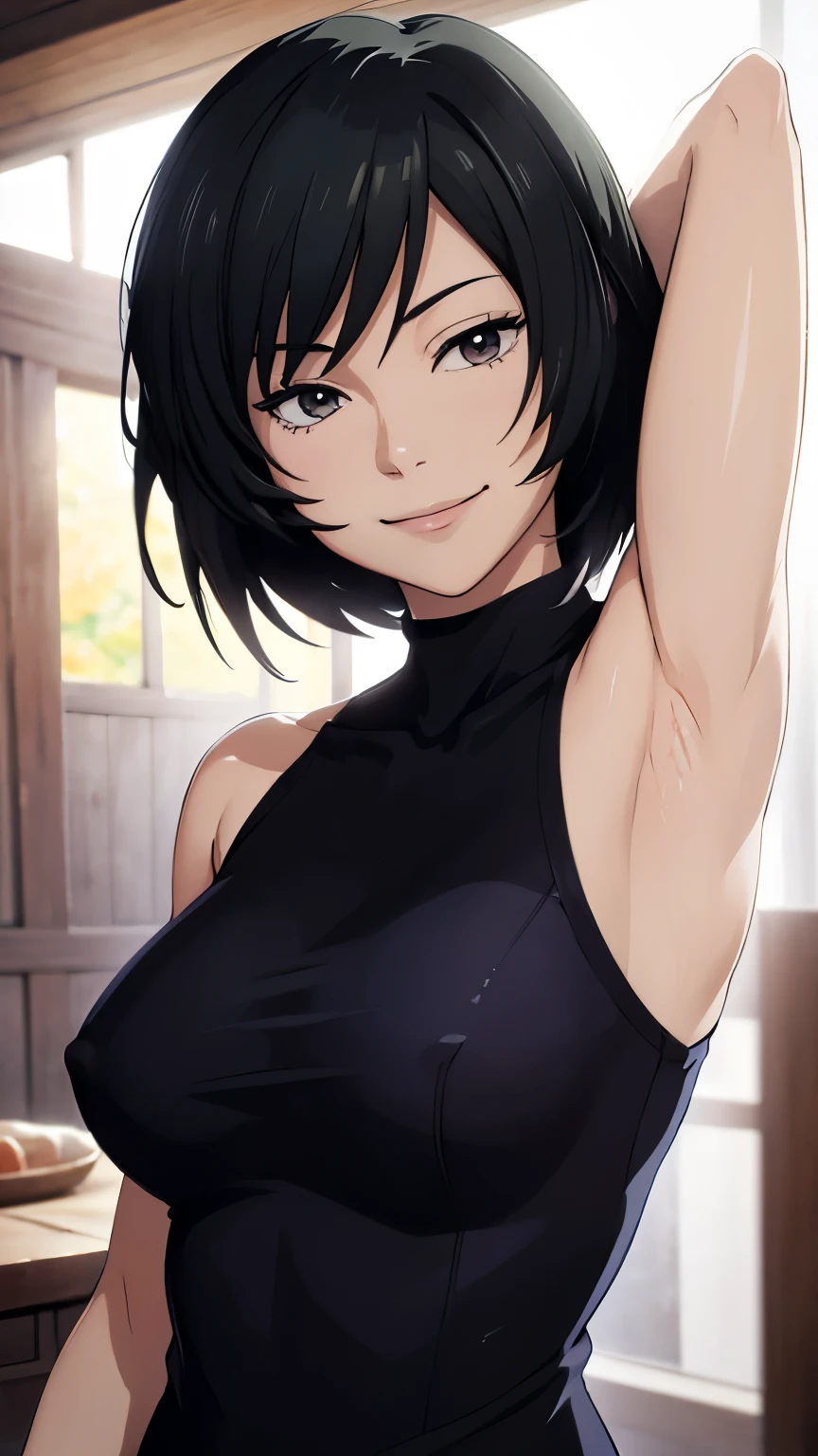 Mai, Portrait, masterpiece, 8k, ultra high quality, ultra realistic, ultra high definition, anime art, smiling, cute, seductive, armpits visible, detailed armpits