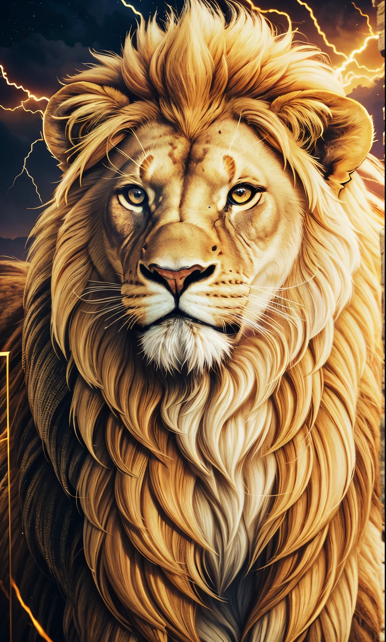 Lion, Divine Lion, naturals, thunder, Realistic Lion, rey, realistic detailed, Sunset light, sky, Sol noturno, realistic detailed 16K, Eletricidade Detalhada 8K, Darkness Background, Texturas realistas de 8K, Cores photorrealistic 8K, fire azul, realistic detailed Fire Bolt, sky Light Detailed, Power of thunder, Realistic Divine, gold color, Divine gold, Golden light, naturey, linda, Rendering, photorrealistic, UltraHigh definition, 4K, detailed textures, thunder, detailed shadows, detailed colors, neon blue, blue light, lightning strikes, blue power, naturey linda, Great Divine, peaceful face, naturalss, lightning strike, Electric Power Screw, detailed contrast, realistic contrast, high resolution, detailed colors, fire, villany, divine creature, 8K FullHD, realistic detailed, 16K, 8K, High definition, detailed contrast, realistic contrast, high resolution, detailed colors, fire, villany, divine creature, 8K Realistic Lion Face, realistic detailed, chic, elegance