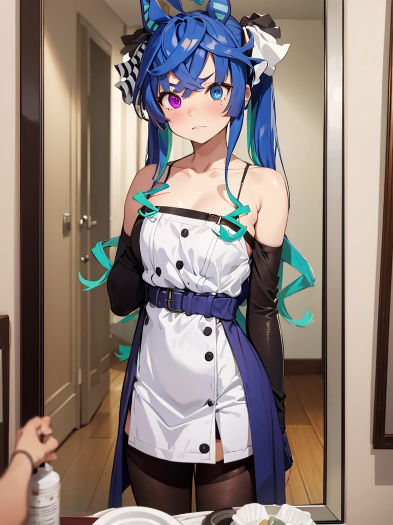 (masterpiece、top-quality、hight resolution), In a private room of a young woman living alone, she decides to try on a stripper-like outfit. She gathers the daring costume and finally wears it, striking a pose in front of a mirror. The outfit is extremely revealing, teasingly covering just enough to remain decent, making her blush with embarrassment. The room is cozy and personal, filled with everyday items that contrast with the provocative outfit. The woman's expression is a mix of shyness and curiosity, her cheeks flushed red. The atmosphere is intimate, capturing the playful yet awkward moment of trying something new and bold. nsfw, breast focus, Twin_Turbo_Umamusume, aqua hair, twintails, heterochromia, purple eyes, blue eyes, sharp teeth, ((flat chest)), happy, hores tails,